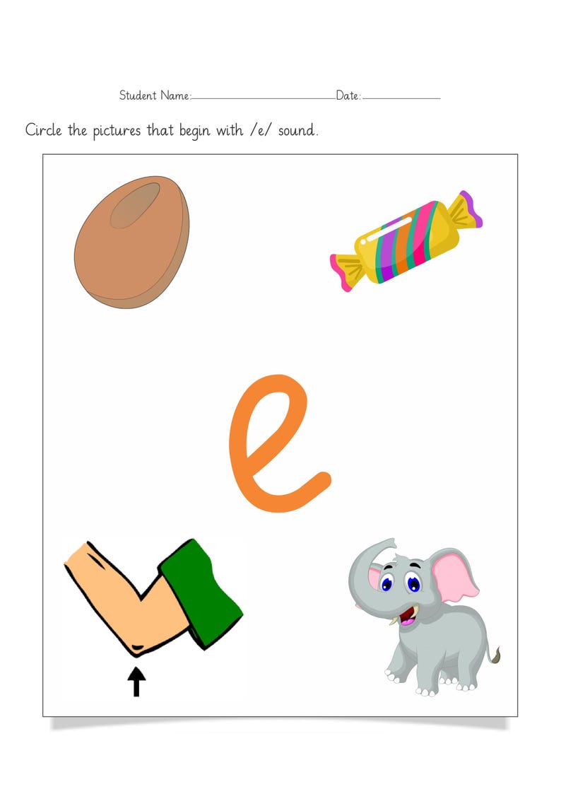 Op de afbeelding: Een educatief werkblad met de kleine oranje letter e in het midden. Rondom de letter staan illustraties van een bruin ovaal, een kleurrijk gestreept snoepje, een menselijke elleboog met een groene mouw en een grijze olifant met roze oren.