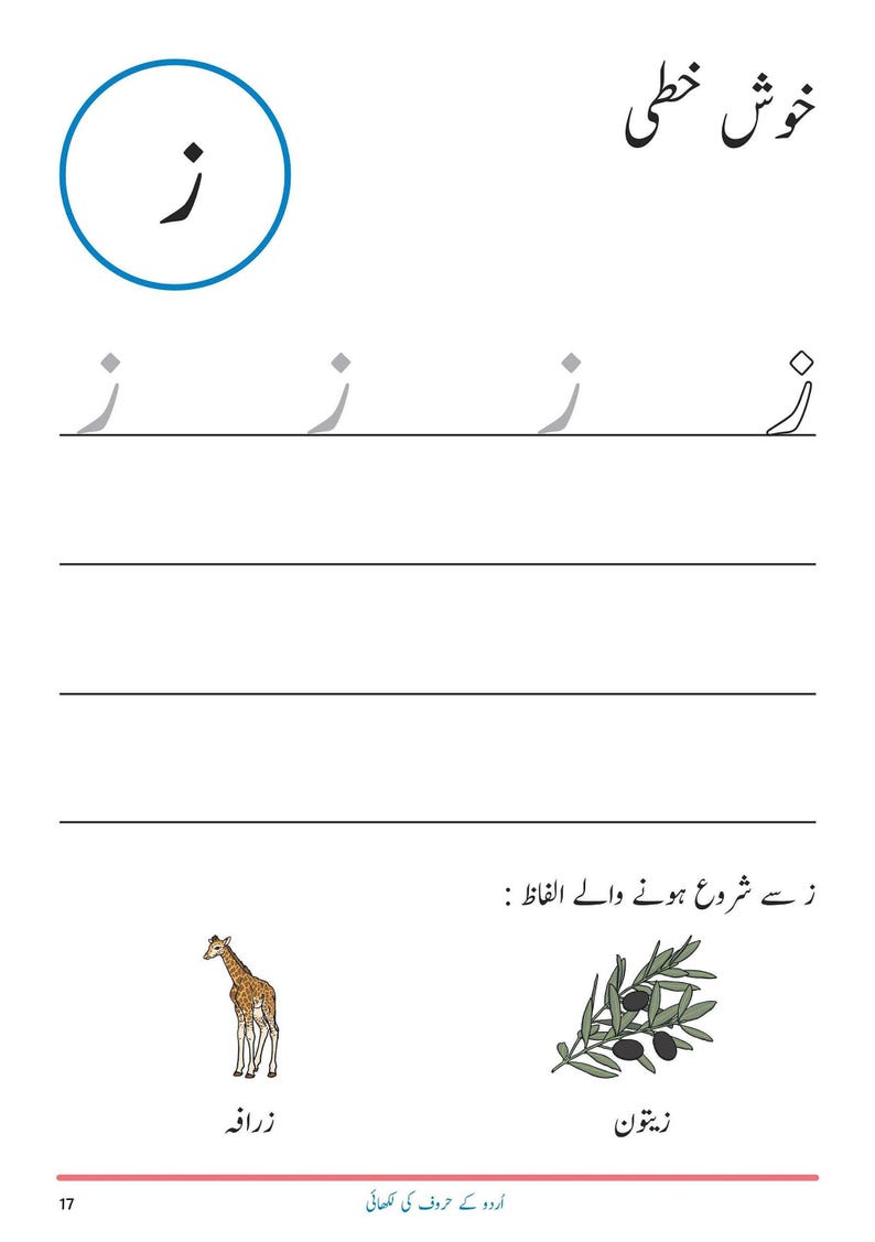 An Urdu handwriting worksheet showing tracing guides for the letter Zay, with illustrations of a giraffe and an olive branch with olives.