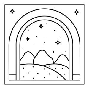 Op de afbeelding: Een zwart-witte lijntekening met een boogvormig raamkozijn dat uitkijkt op een landschap van glooiende heuvels en bergen onder een nachtelijke hemel vol sterren van verschillende groottes en stippen binnen een vierkante rand.