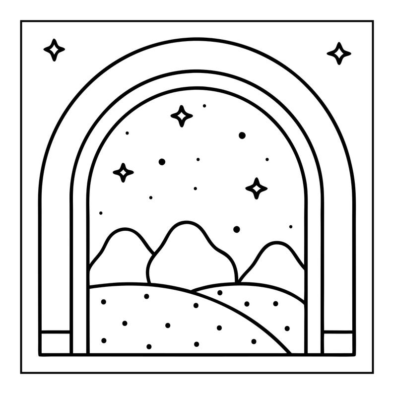Op de afbeelding: Een zwart-witte lijntekening met een boogvormig raamkozijn dat uitkijkt op een landschap van glooiende heuvels en bergen onder een nachtelijke hemel vol sterren van verschillende groottes en stippen binnen een vierkante rand.