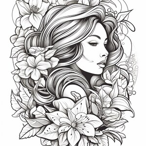May include: A black and white line art illustration featuring a profile view of a person with long, flowing hair surrounded by large, detailed lily flowers and leaves. The design uses intricate shading and clean lines to define the facial features.