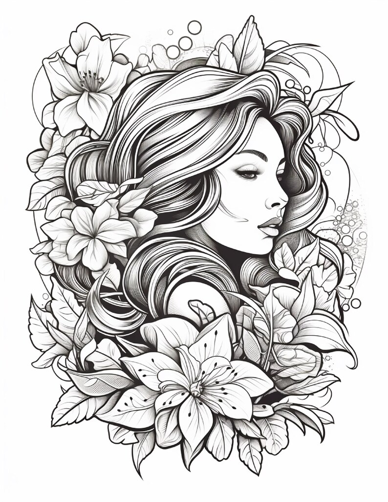 May include: A black and white line art illustration featuring a profile view of a person with long, flowing hair surrounded by large, detailed lily flowers and leaves. The design uses intricate shading and clean lines to define the facial features.