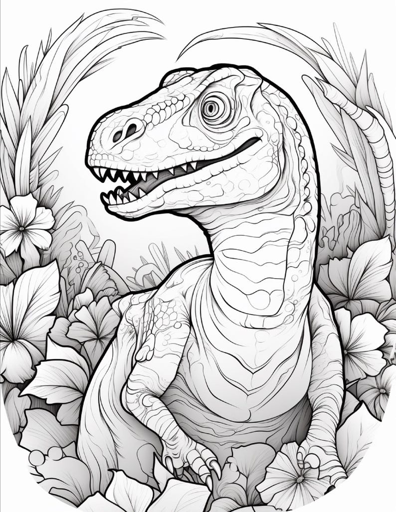 Pu&ograve; includere: Un'illustrazione in bianco e nero a tratto di un dinosauro velociraptor circondato da fiori tropicali e grandi foglie. Il dinosauro &egrave; mostrato dal petto in su con squame dettagliate, denti affilati e collo e testa strutturati.