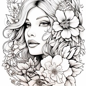 May include: A black and white line art illustration featuring a portrait of a person with long, flowing hair adorned with various large, detailed flowers and leaves. The drawing uses intricate shading and fine lines to define facial features.