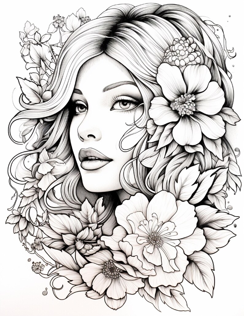 May include: A black and white line art illustration featuring a portrait of a person with long, flowing hair adorned with various large, detailed flowers and leaves. The drawing uses intricate shading and fine lines to define facial features.