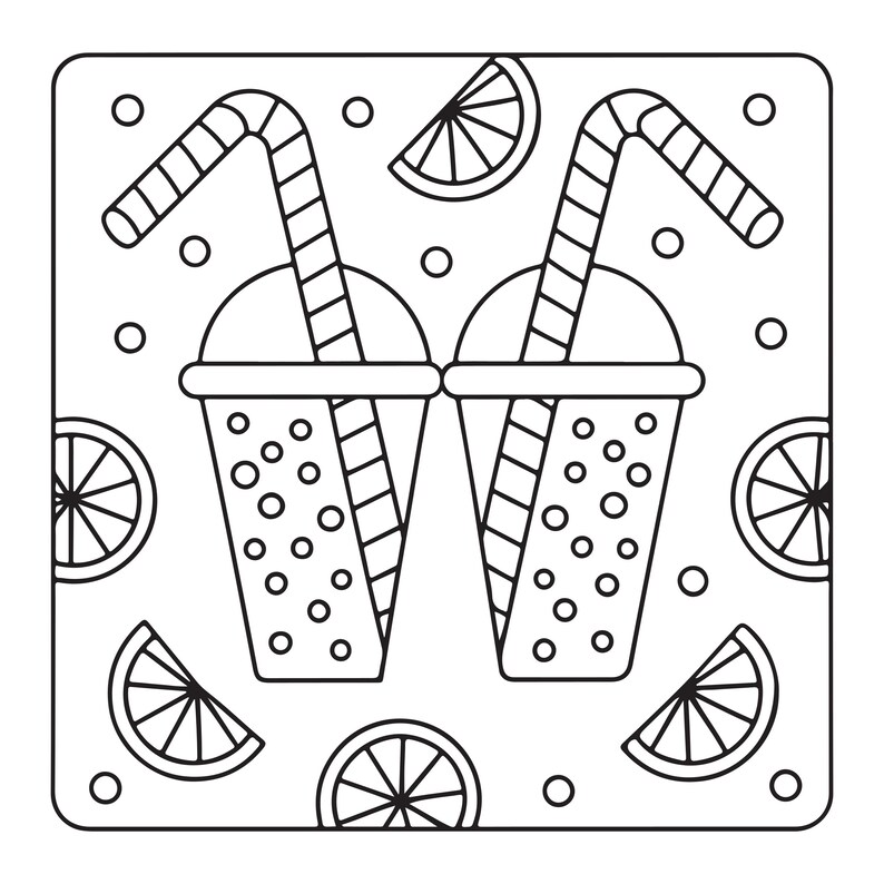 May include: A black and white line art illustration featuring two cups with domed lids and striped straws, surrounded by several citrus fruit slices and small circles, all contained within a square border with rounded corners.