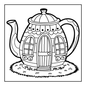 A black and white coloring page of a teapot shaped like a house with windows and a door, sitting on grass.
