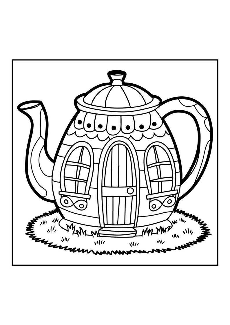 A black and white coloring page of a teapot shaped like a house with windows and a door, sitting on grass.