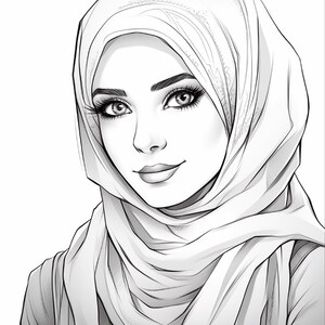 Pu&ograve; includere: Un'illustrazione digitale in bianco e nero di una persona che indossa un hijab. Il soggetto ha tratti del viso dettagliati, tra cui sopracciglia definite, ciglia lunghe e un'espressione dolce. Il copricapo presenta linee e pieghe.