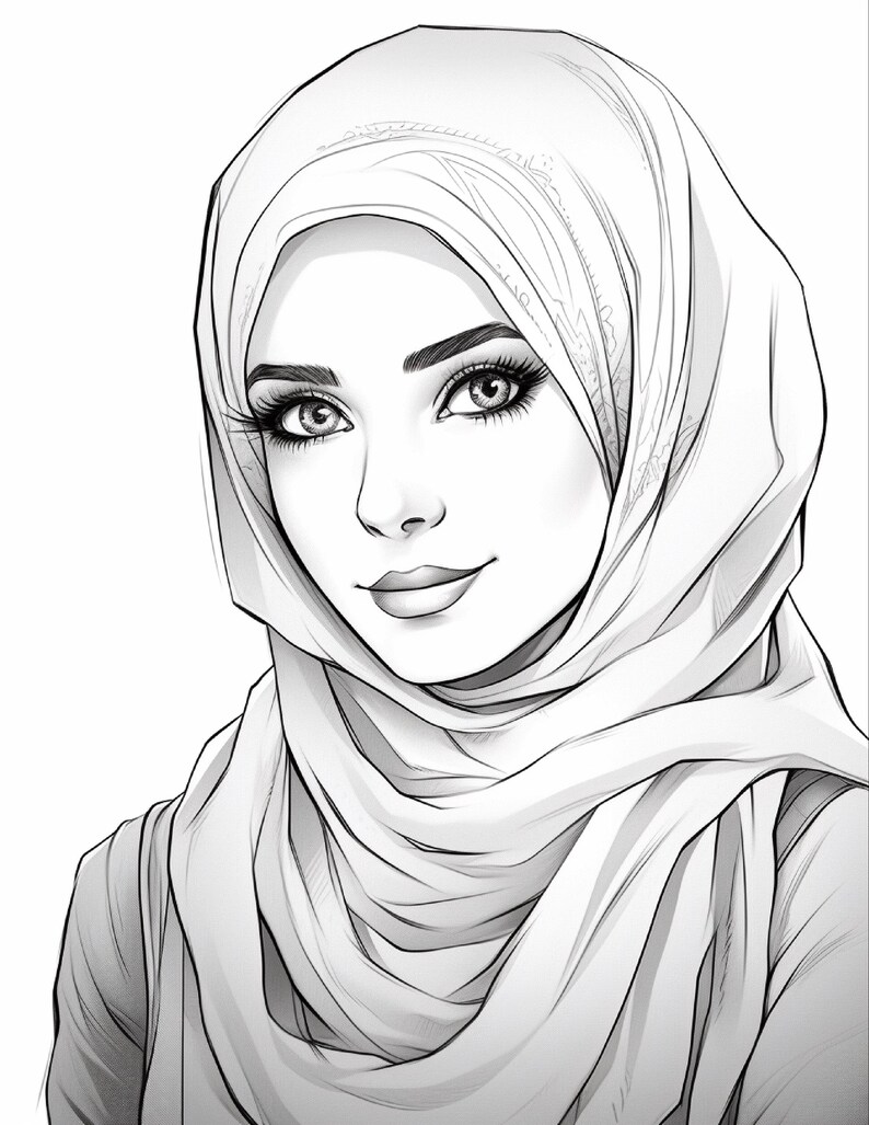 Pu&ograve; includere: Un'illustrazione digitale in bianco e nero di una persona che indossa un hijab. Il soggetto ha tratti del viso dettagliati, tra cui sopracciglia definite, ciglia lunghe e un'espressione dolce. Il copricapo presenta linee e pieghe.