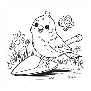 May include: A black and white line art coloring page illustration featuring a cheerful cartoon bird perched on a garden trowel. The scene includes a small butterfly flying above, several simple flowers, and patches of grass in the background.