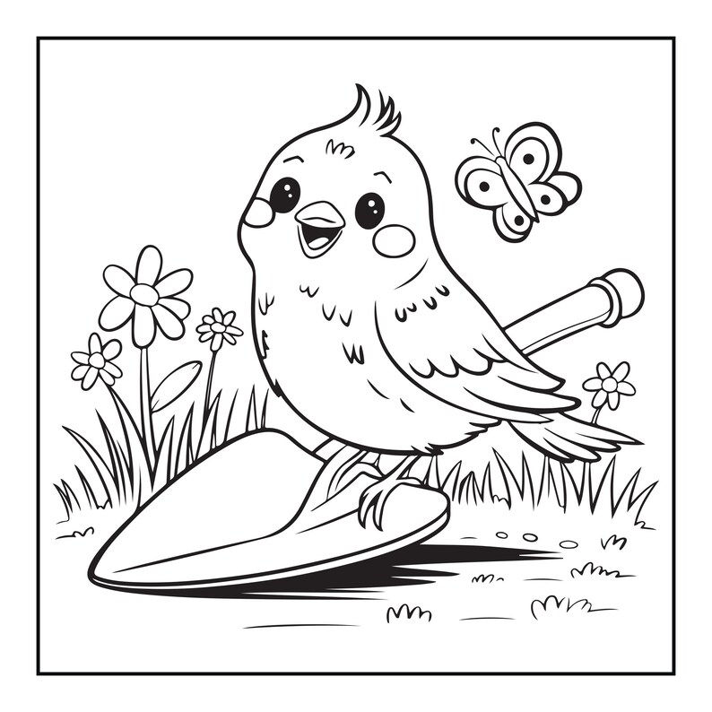 May include: A black and white line art coloring page illustration featuring a cheerful cartoon bird perched on a garden trowel. The scene includes a small butterfly flying above, several simple flowers, and patches of grass in the background.