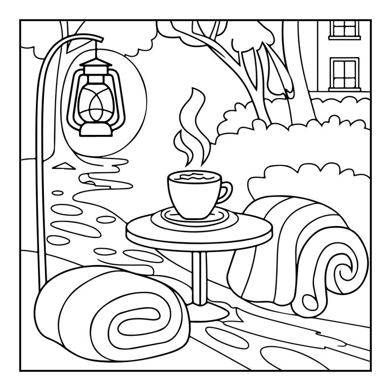 May include: A black and white line art coloring page featuring a steaming cup of coffee on a small round table. Two rolled blankets sit on either side of the table. A hanging lantern stands on a curved pole, with trees and a house in the background.