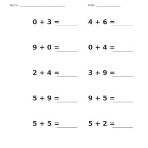 May include: A white educational worksheet titled Addition &bull; Single Digit with a gray header. It features ten single-digit addition problems with blank lines for answers, plus fields for Name and Date. The footer reads Single Digit Addition Practice and Page 3 of 100.