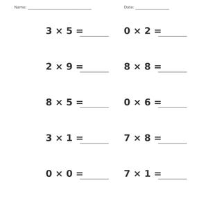 May include: A white educational worksheet titled Multiplication &bull; Single Digit with blank lines for Name and Date. It features ten single-digit multiplication problems arranged in two columns, ending with the text Multiplication &bull; Single Digit Practice Page 15 of 100.