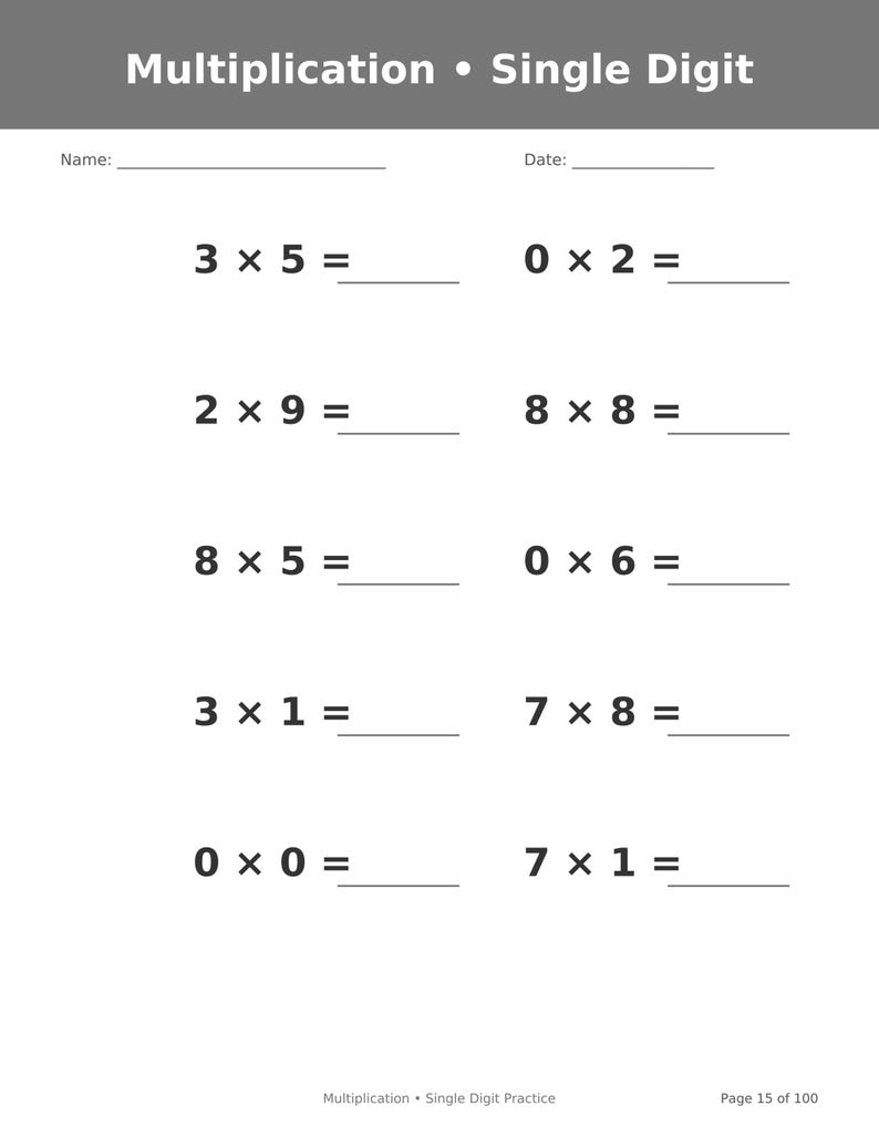 May include: A white educational worksheet titled Multiplication &bull; Single Digit with blank lines for Name and Date. It features ten single-digit multiplication problems arranged in two columns, ending with the text Multiplication &bull; Single Digit Practice Page 15 of 100.