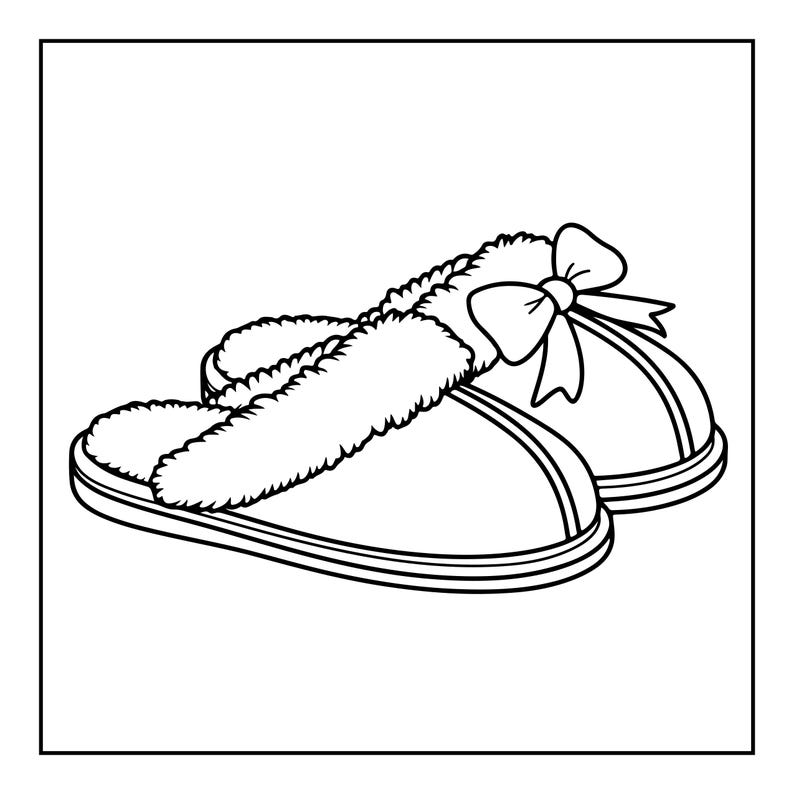 Puede incluir: Un par de zapatillas de estar por casa en dibujo lineal blanco y negro con un borde esponjoso en la parte superior y un lazo decorativo en el frente. Las zapatillas tienen punta redondeada y suela gruesa, en una ilustraci&oacute;n gr&aacute;fica.