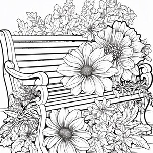 K&ouml;nnte beinhalten: Eine schwarz-wei&szlig;e Strichzeichnung einer Parkbank mit Latten, die von gro&szlig;en, detaillierten Blumenarrangements umgeben ist. Die Zeichnung zeigt markante g&auml;nsebl&uuml;mchenartige Bl&uuml;ten und dichtes Blattwerk in einer Gartenszene.