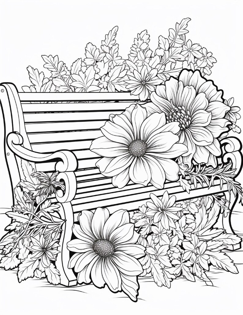K&ouml;nnte beinhalten: Eine schwarz-wei&szlig;e Strichzeichnung einer Parkbank mit Latten, die von gro&szlig;en, detaillierten Blumenarrangements umgeben ist. Die Zeichnung zeigt markante g&auml;nsebl&uuml;mchenartige Bl&uuml;ten und dichtes Blattwerk in einer Gartenszene.
