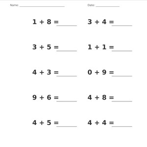 May include: A white educational worksheet titled Addition Single Digit with a gray header. It features ten math problems with single-digit numbers and blank lines for answers. The page includes fields for Name and Date, plus footer text.
