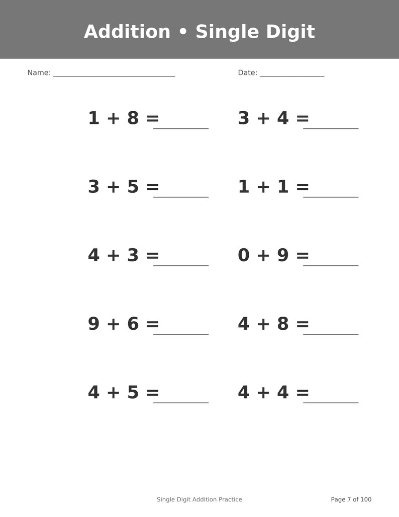 May include: A white educational worksheet titled Addition Single Digit with a gray header. It features ten math problems with single-digit numbers and blank lines for answers. The page includes fields for Name and Date, plus footer text.