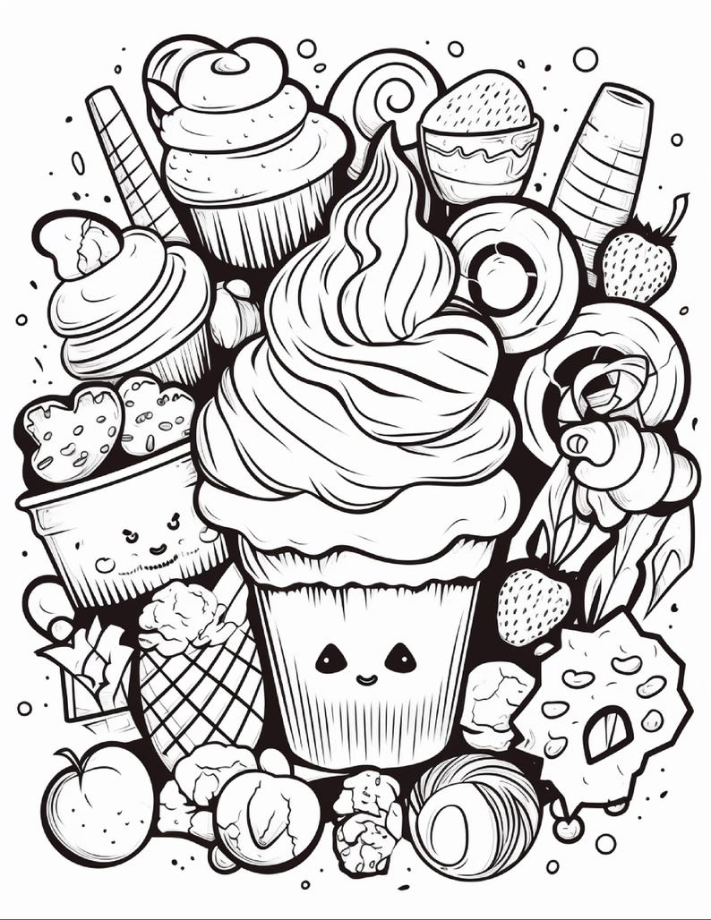 Malbuch mit süßen Leckereien | 99 Seiten mit Kawaii-Dessertmotiven (Digitaler Download) Bild 19