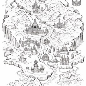 Pode incluir: Uma ilustra&ccedil;&atilde;o de arte linear a preto e branco de um mapa de fantasia com cadeias montanhosas irregulares, um rio sinuoso e v&aacute;rias estruturas de castelos distintas. A paisagem inclui v&aacute;rias torres, pequenas habita&ccedil;&otilde;es e um s&iacute;mbolo circular.