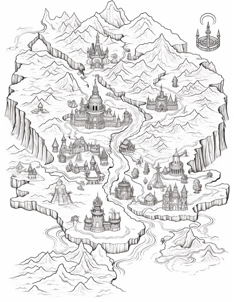 Pode incluir: Uma ilustra&ccedil;&atilde;o de arte linear a preto e branco de um mapa de fantasia com cadeias montanhosas irregulares, um rio sinuoso e v&aacute;rias estruturas de castelos distintas. A paisagem inclui v&aacute;rias torres, pequenas habita&ccedil;&otilde;es e um s&iacute;mbolo circular.