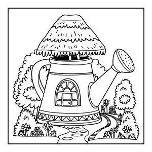 Peut inclure: Une illustration en noir et blanc au trait repr&eacute;sentant un arrosoir en forme de maison avec un toit de chaume. L'arrosoir comporte une fen&ecirc;tre arqu&eacute;e centrale, une poign&eacute;e et un bec verseur. Il est entour&eacute; d'arbres, de fleurs et d'un chemin.