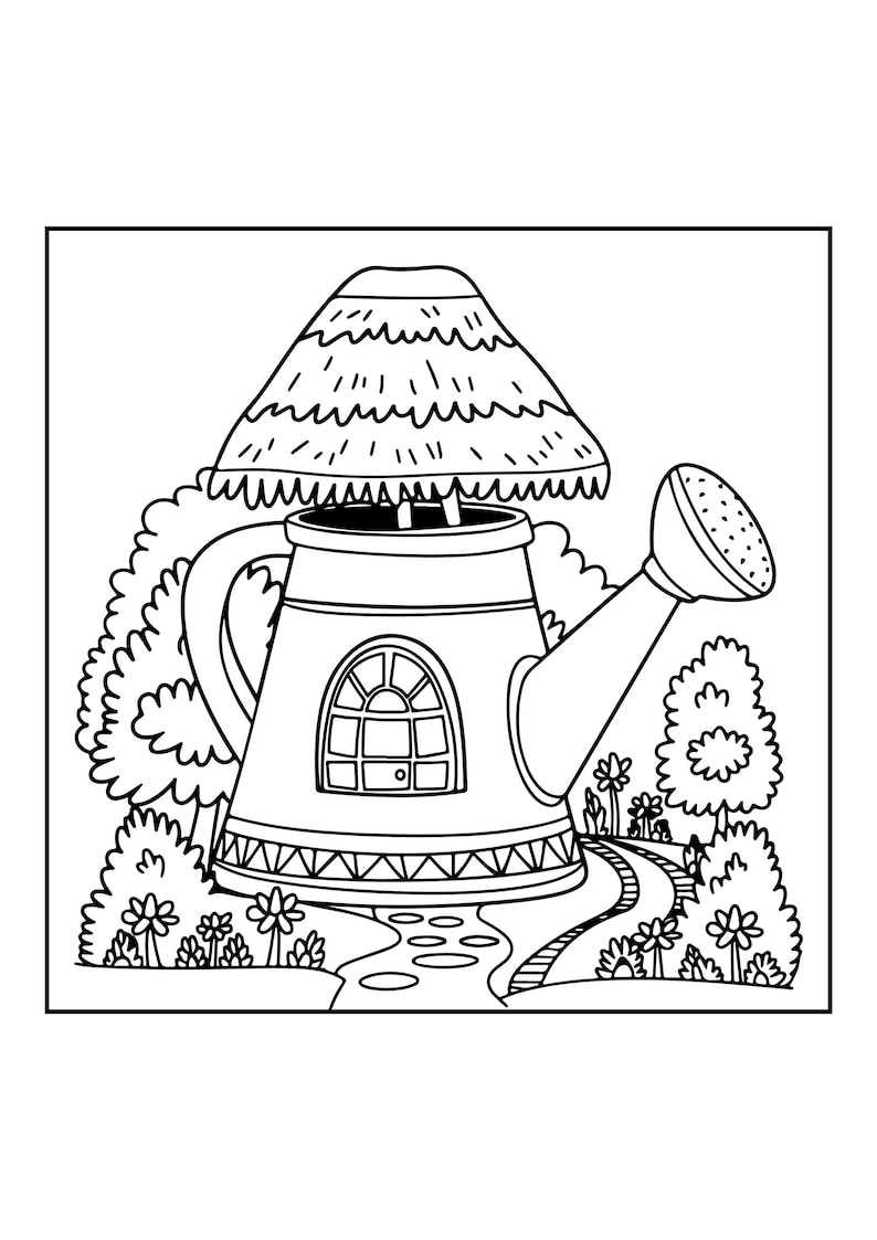 Peut inclure: Une illustration en noir et blanc au trait repr&eacute;sentant un arrosoir en forme de maison avec un toit de chaume. L'arrosoir comporte une fen&ecirc;tre arqu&eacute;e centrale, une poign&eacute;e et un bec verseur. Il est entour&eacute; d'arbres, de fleurs et d'un chemin.