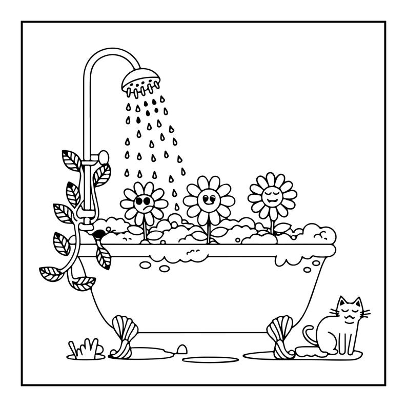 K&ouml;nnte beinhalten: Eine schwarz-wei&szlig;e Strichzeichnung einer Badewanne mit Klauenf&uuml;&szlig;en, gef&uuml;llt mit Schaum und drei anthropomorphen Blumen. Ein Duschkopf bespr&uuml;ht die Blumen, w&auml;hrend sich eine Ranke um das Duschrohr windet und eine Katze daneben sitzt.
