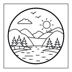 May include: A circular black and white line art illustration depicting a landscape scene. The design features a river flowing through a valley with mountains in the background, pine trees on the banks, a sun with rays, a single cloud, and two birds.