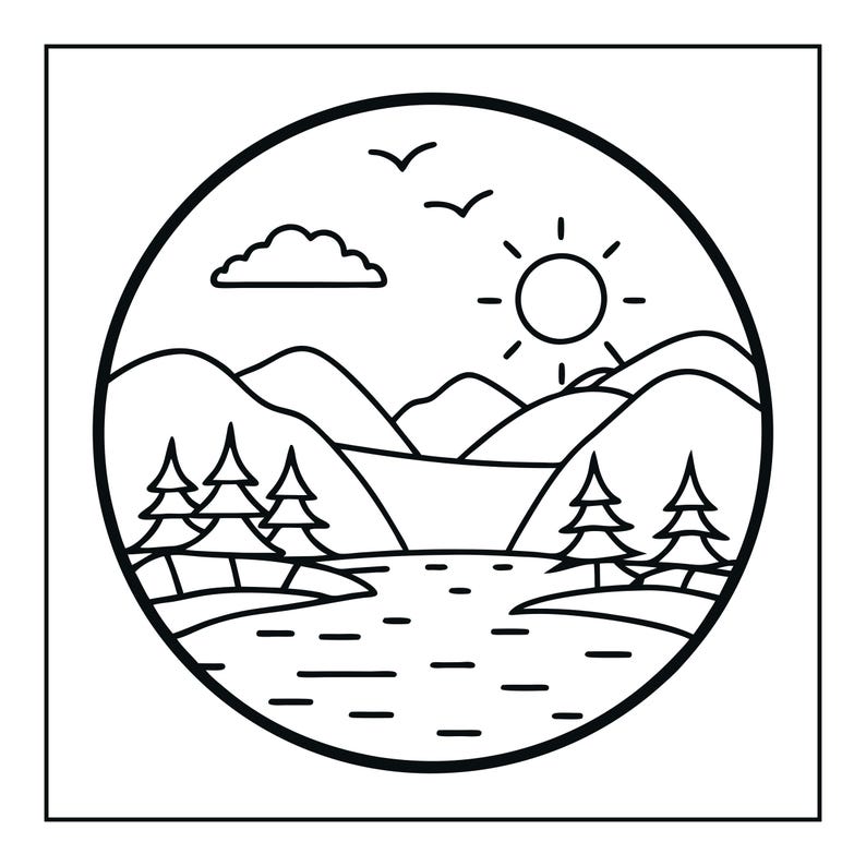 May include: A circular black and white line art illustration depicting a landscape scene. The design features a river flowing through a valley with mountains in the background, pine trees on the banks, a sun with rays, a single cloud, and two birds.