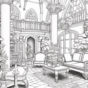 Puede incluir: Una ilustraci&oacute;n de arte lineal en blanco y negro de un gran espacio interior con columnas altas, puertas arqueadas y un balc&oacute;n. La habitaci&oacute;n est&aacute; amueblada con un sof&aacute;, un sill&oacute;n, una mesa de centro y plantas en macetas sobre un suelo de baldosas.