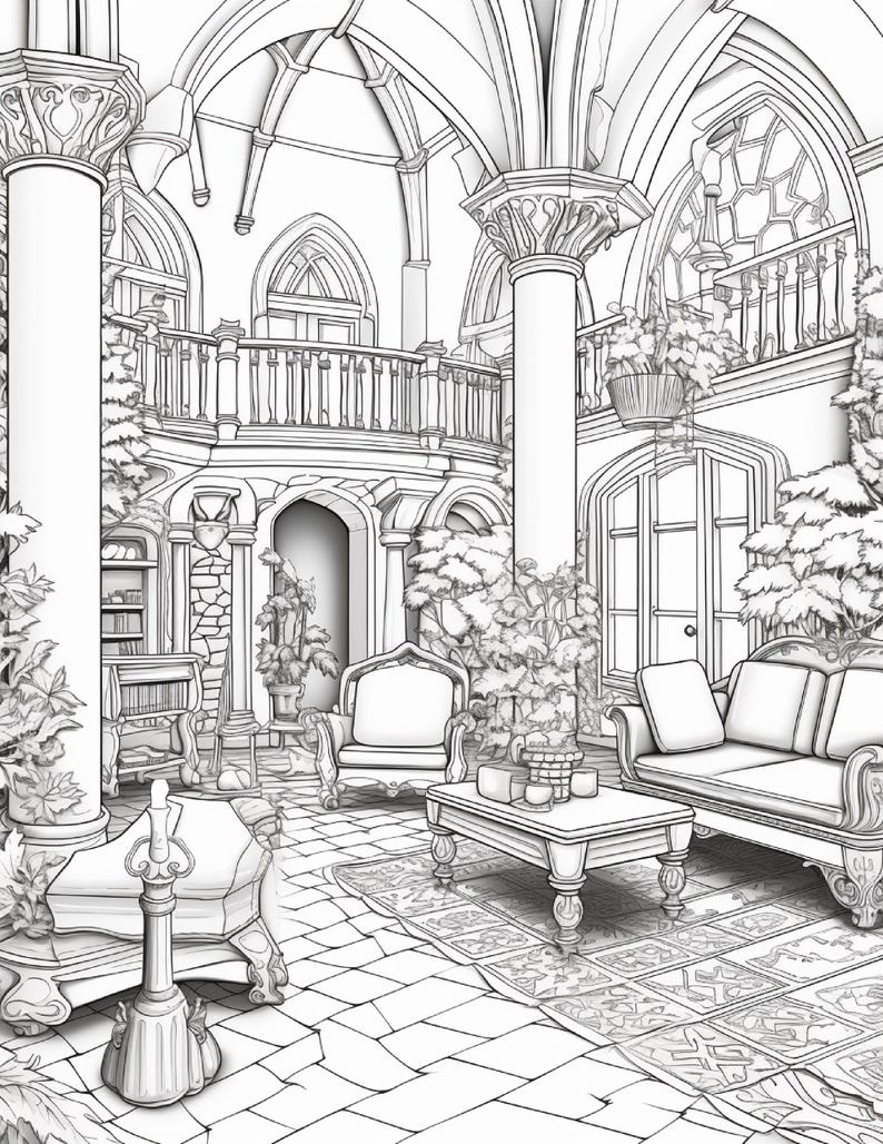 Puede incluir: Una ilustraci&oacute;n de arte lineal en blanco y negro de un gran espacio interior con columnas altas, puertas arqueadas y un balc&oacute;n. La habitaci&oacute;n est&aacute; amueblada con un sof&aacute;, un sill&oacute;n, una mesa de centro y plantas en macetas sobre un suelo de baldosas.