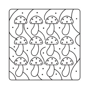May include: A square graphic print featuring a repeating pattern of twelve stylized mushrooms arranged in a grid. Each mushroom has a rounded cap with small dots and a curved stem. The background includes abstract wavy lines and scattered dots.