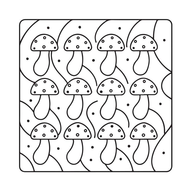 May include: A square graphic print featuring a repeating pattern of twelve stylized mushrooms arranged in a grid. Each mushroom has a rounded cap with small dots and a curved stem. The background includes abstract wavy lines and scattered dots.