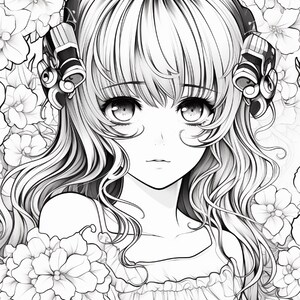 May include: A black and white line art illustration of a character with long wavy hair and bangs, wearing ornate mechanical-style headgear on both sides of the head. The character is surrounded by a dense background of detailed floral blossoms.