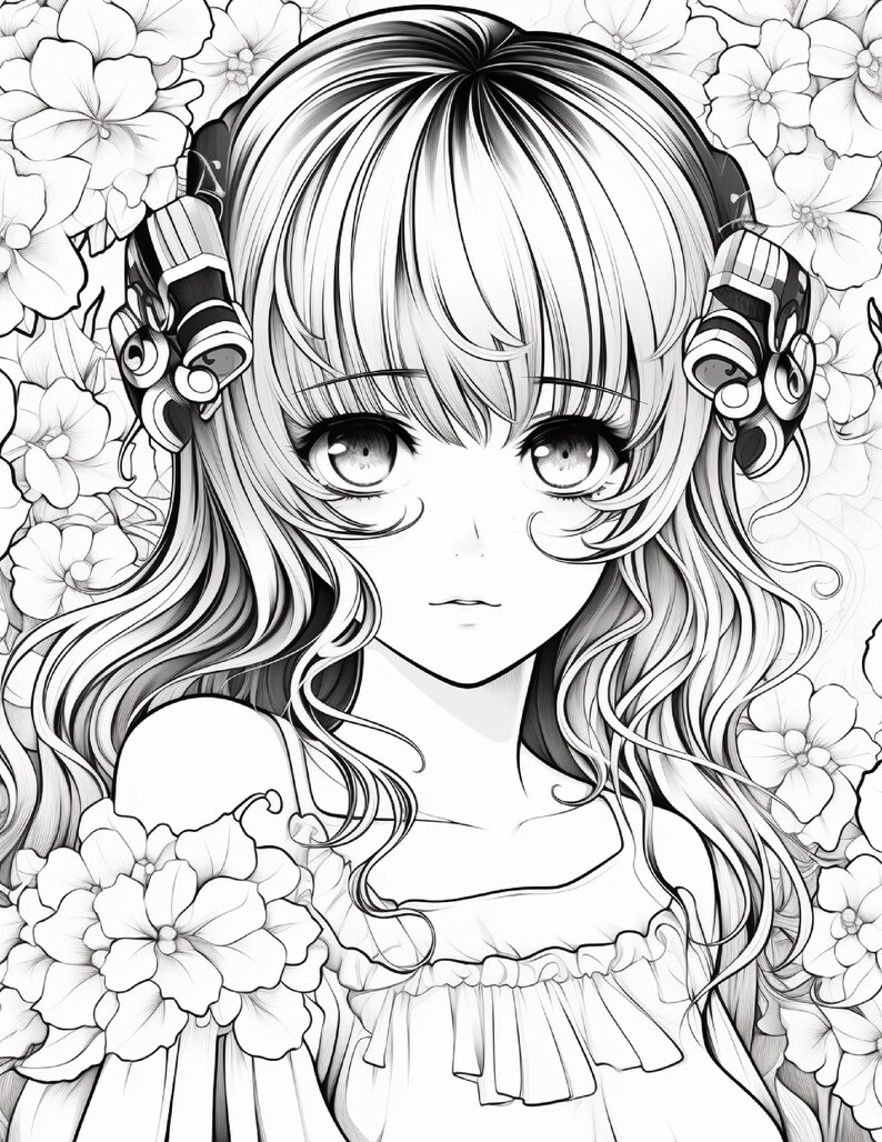 May include: A black and white line art illustration of a character with long wavy hair and bangs, wearing ornate mechanical-style headgear on both sides of the head. The character is surrounded by a dense background of detailed floral blossoms.