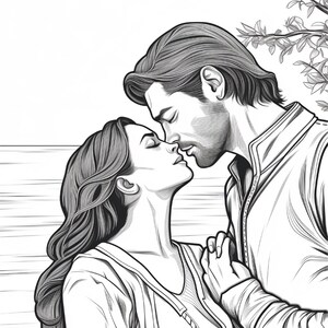 May include: A black and white line art illustration depicting two individuals in a close, intimate moment. One person has long, flowing hair, while the other has short hair and a beard. They are positioned face-to-face with eyes closed, near a tree.
