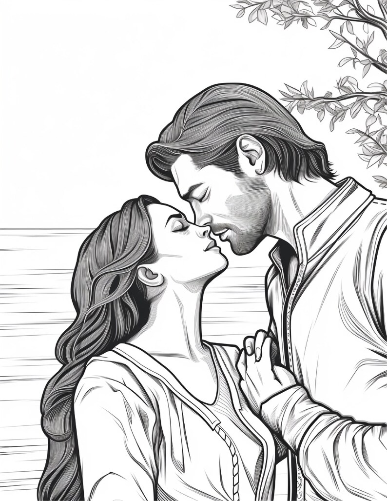 May include: A black and white line art illustration depicting two individuals in a close, intimate moment. One person has long, flowing hair, while the other has short hair and a beard. They are positioned face-to-face with eyes closed, near a tree.