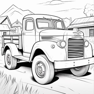 May include: A black and white line art illustration of a vintage pickup truck parked on a dirt path. The scene features a rural landscape with wooden farm buildings, rolling hills, and clouds in the background, rendered in a clean colouring page style.
