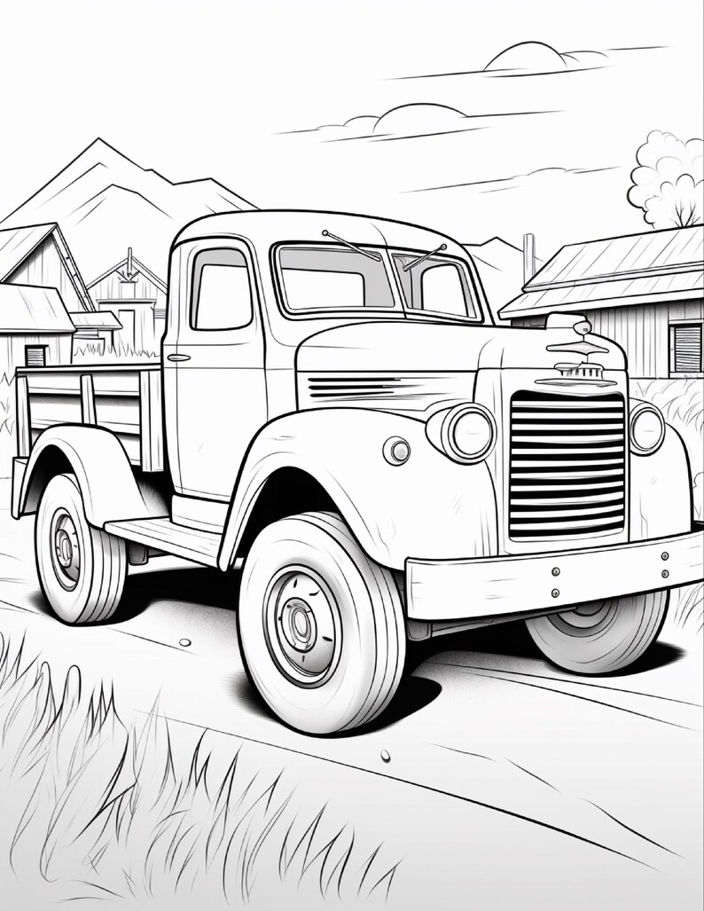 May include: A black and white line art illustration of a vintage pickup truck parked on a dirt path. The scene features a rural landscape with wooden farm buildings, rolling hills, and clouds in the background, rendered in a clean colouring page style.