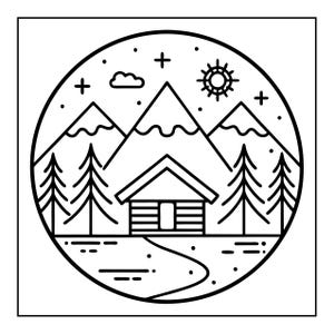 Op de afbeelding: Een cirkelvormige zwart-wit lijntekening met een hut voor drie met sneeuw bedekte bergtoppen. De sc&egrave;ne bevat vier dennenbomen, een klein wolkje, een zon en verschillende sterren, allemaal omsloten door een dikke cirkelvormige rand.