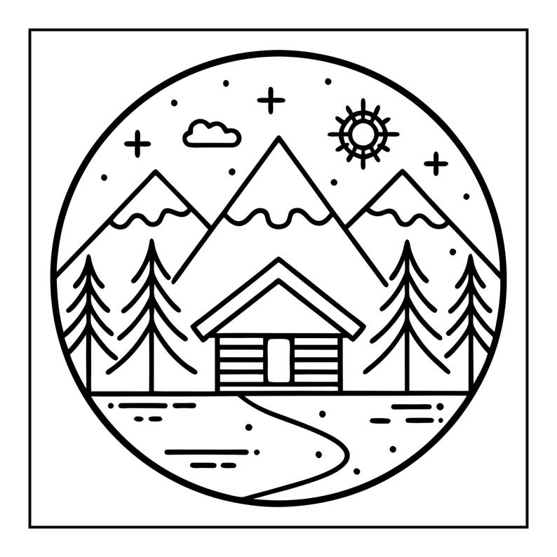 Op de afbeelding: Een cirkelvormige zwart-wit lijntekening met een hut voor drie met sneeuw bedekte bergtoppen. De sc&egrave;ne bevat vier dennenbomen, een klein wolkje, een zon en verschillende sterren, allemaal omsloten door een dikke cirkelvormige rand.