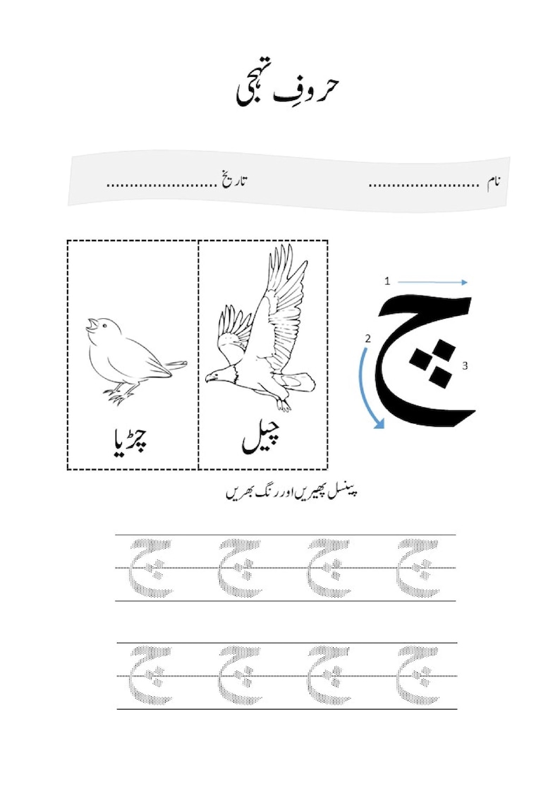 An Urdu tracing worksheet showing the letter Chay with numbered stroke arrows, alongside illustrations of a small bird and an eagle.