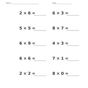 May include: A white educational worksheet titled Multiplication &bull; Single Digit with a grey header. It features ten maths problems with blank lines for answers, including 2x6, 6x3, 5x5, 8x7, 6x9, 4x3, 6x6, 7x1, 2x2, and 8x0. Includes Name and Date fields.