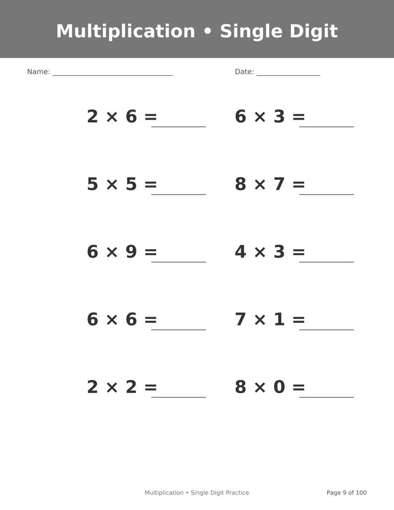 May include: A white educational worksheet titled Multiplication &bull; Single Digit with a grey header. It features ten maths problems with blank lines for answers, including 2x6, 6x3, 5x5, 8x7, 6x9, 4x3, 6x6, 7x1, 2x2, and 8x0. Includes Name and Date fields.