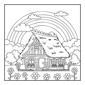 Peut inclure: Une page de coloriage en noir et blanc repr&eacute;sentant un petit cottage avec un toit de chaume, une porte centrale et plusieurs fen&ecirc;tres. La sc&egrave;ne comprend un grand arc-en-ciel dans le ciel avec des nuages, des arbres et une rang&eacute;e de fleurs.