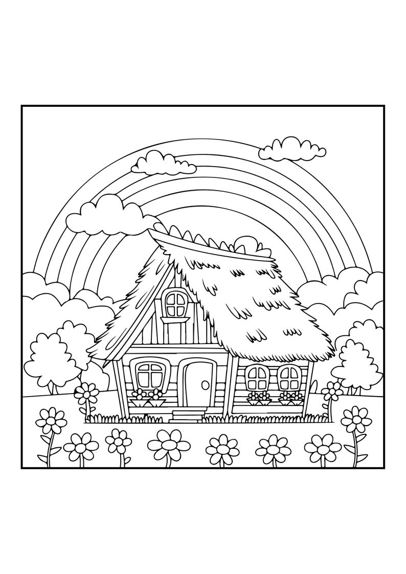 Peut inclure: Une page de coloriage en noir et blanc repr&eacute;sentant un petit cottage avec un toit de chaume, une porte centrale et plusieurs fen&ecirc;tres. La sc&egrave;ne comprend un grand arc-en-ciel dans le ciel avec des nuages, des arbres et une rang&eacute;e de fleurs.